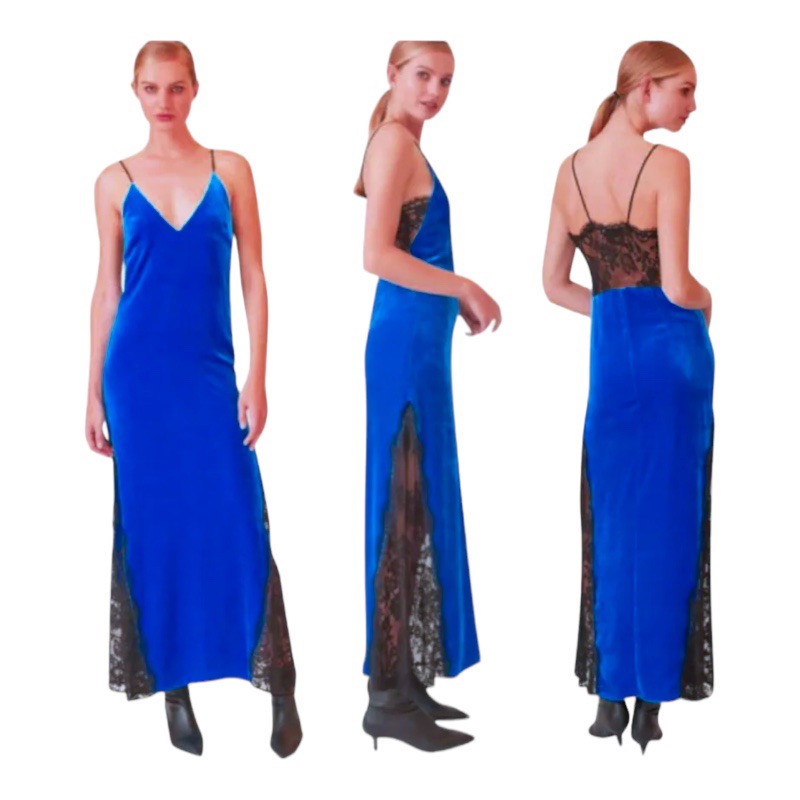 $440 Abs Allen Schwartz Long Gown 6 Medium Blue Black Lace Velvet Slip Dress Nwt